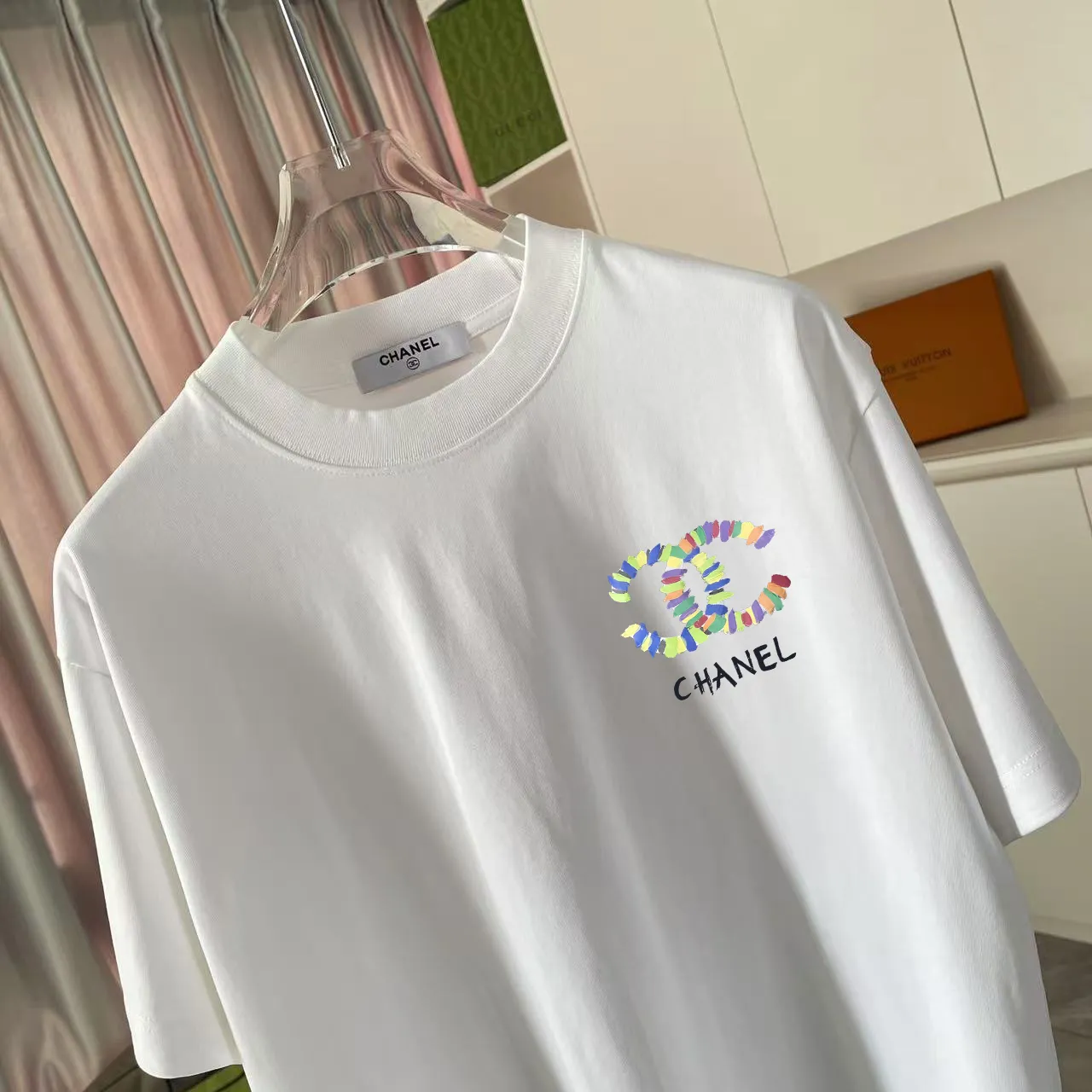 🅿️170 CHANE* Xiaoxiang 2025 autumn new style Double C letter logo printing short-sleeved T-shirt Customized fabric 300g Same style for men and women Size: S M L XL XXL five sizes Color: black white lake green pink