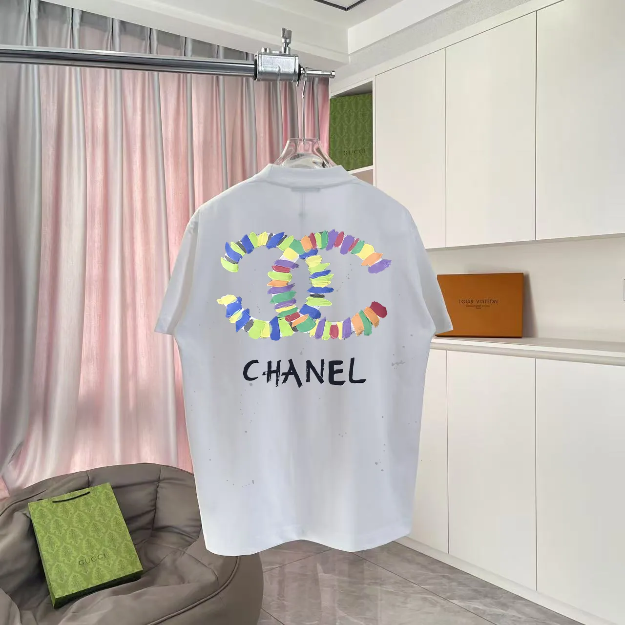 🅿️170 CHANE* Xiaoxiang 2025 autumn new style Double C letter logo printing short-sleeved T-shirt Customized fabric 300g Same style for men and women Size: S M L XL XXL five sizes Color: black white lake green pink