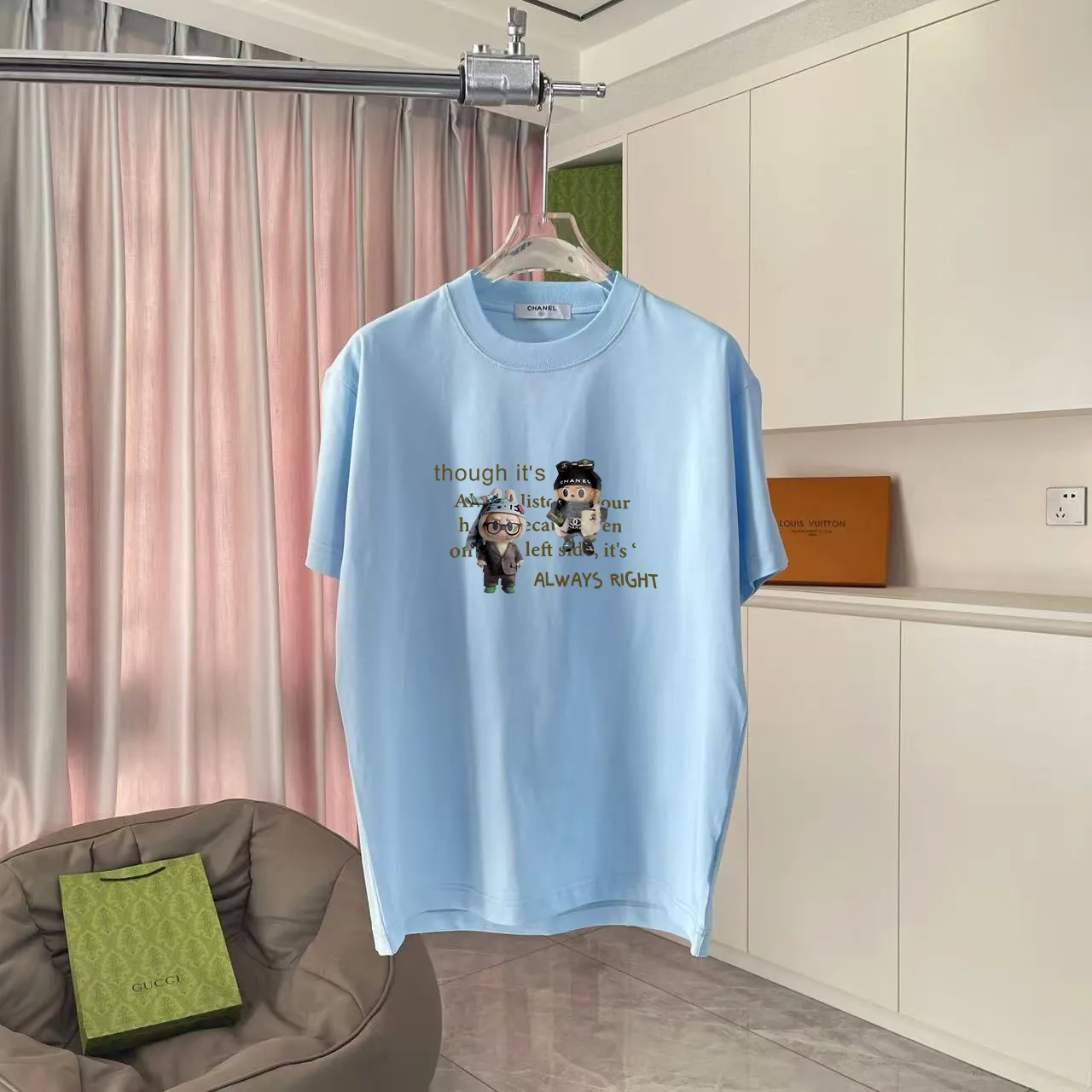 🅿️170 CHANE* Xiaoxiang 2025 autumn new style Double C letter logo printing short-sleeved T-shirt Customized fabric 300g Same style for men and women Size: S M L XL XXL Five codes Color: black white lake green sky blue