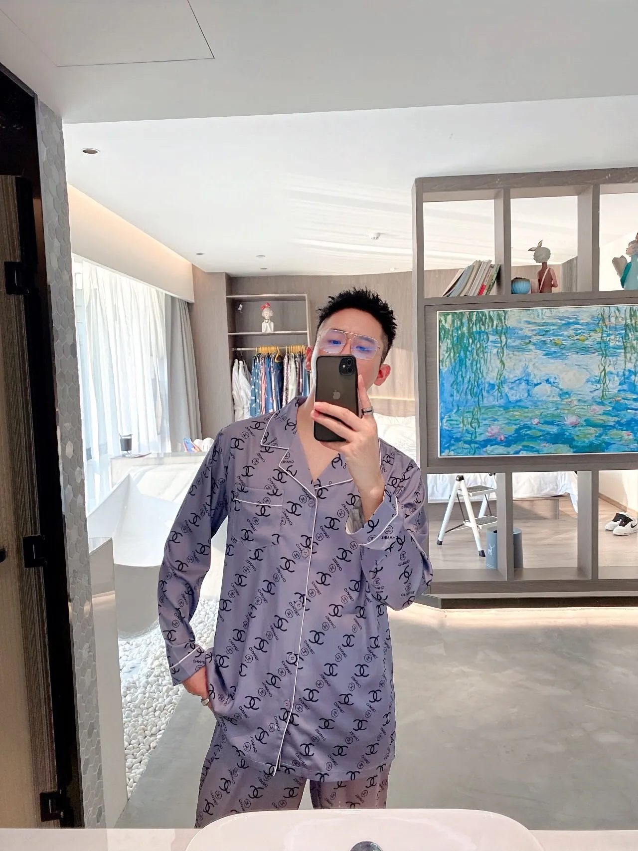 🅿️360 Chanel home wear, high-end Korean silk fabric, skin-friendly, soft and comfortable Size: XL～XXXL