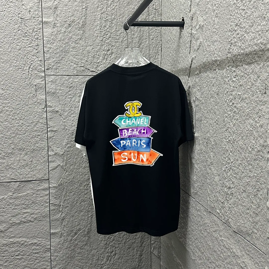 🅿️180 CHANE*Chanel*er 2025 spring and summer new style Classic color letter sign printing Customized double yarn plain cotton fabric Short-sleeved T-shirt Unisex Color: Black White Angora Red Size: S (90-130 pounds) M (120-150 pounds) L (140-165 pounds) XL (160-180 pounds) XXL (180-210 pounds)