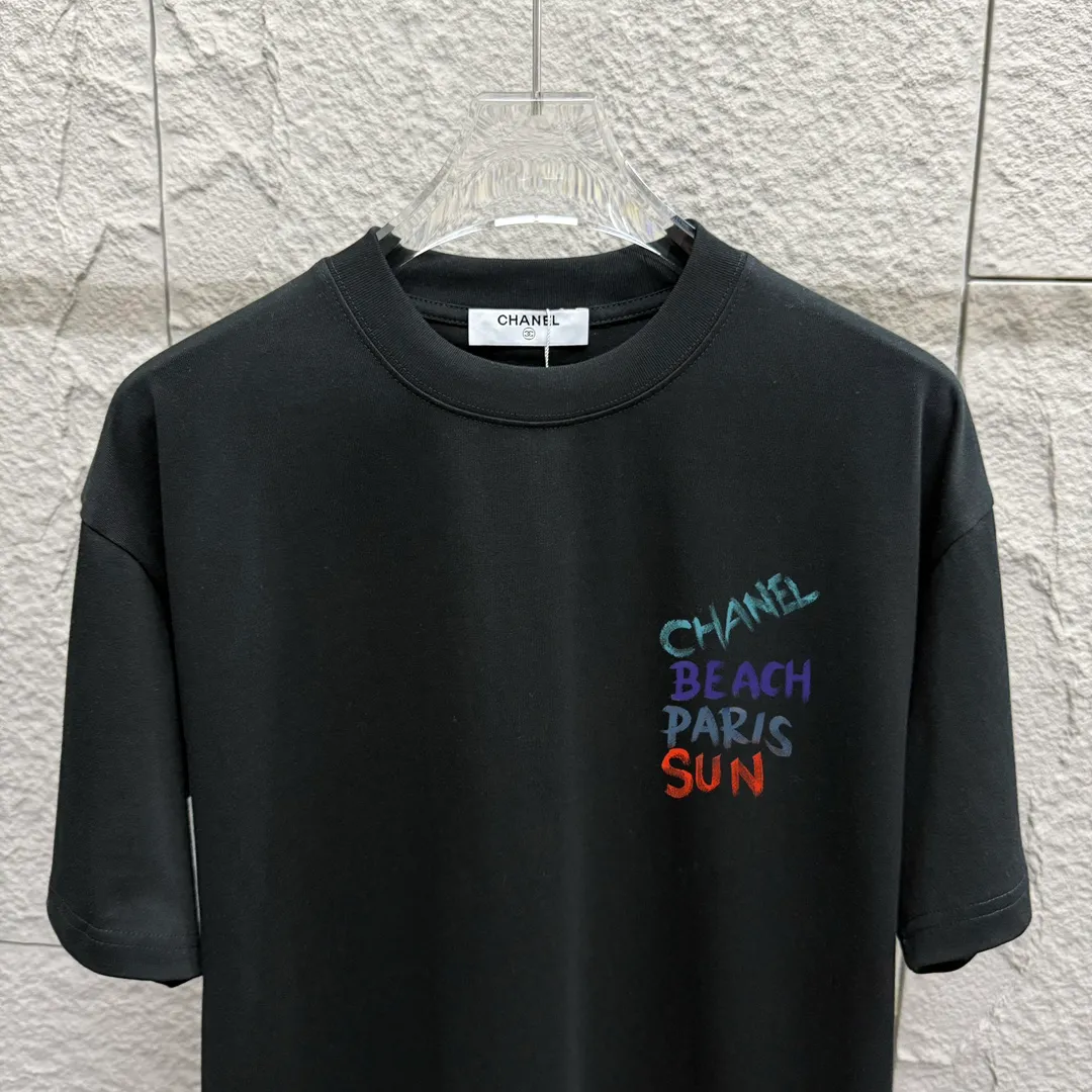 🅿️180 CHANE*Chanel*er 2025 spring and summer new style Classic color letter sign printing Customized double yarn plain cotton fabric Short-sleeved T-shirt Unisex Color: Black White Angora Red Size: S (90-130 pounds) M (120-150 pounds) L (140-165 pounds) XL (160-180 pounds) XXL (180-210 pounds)