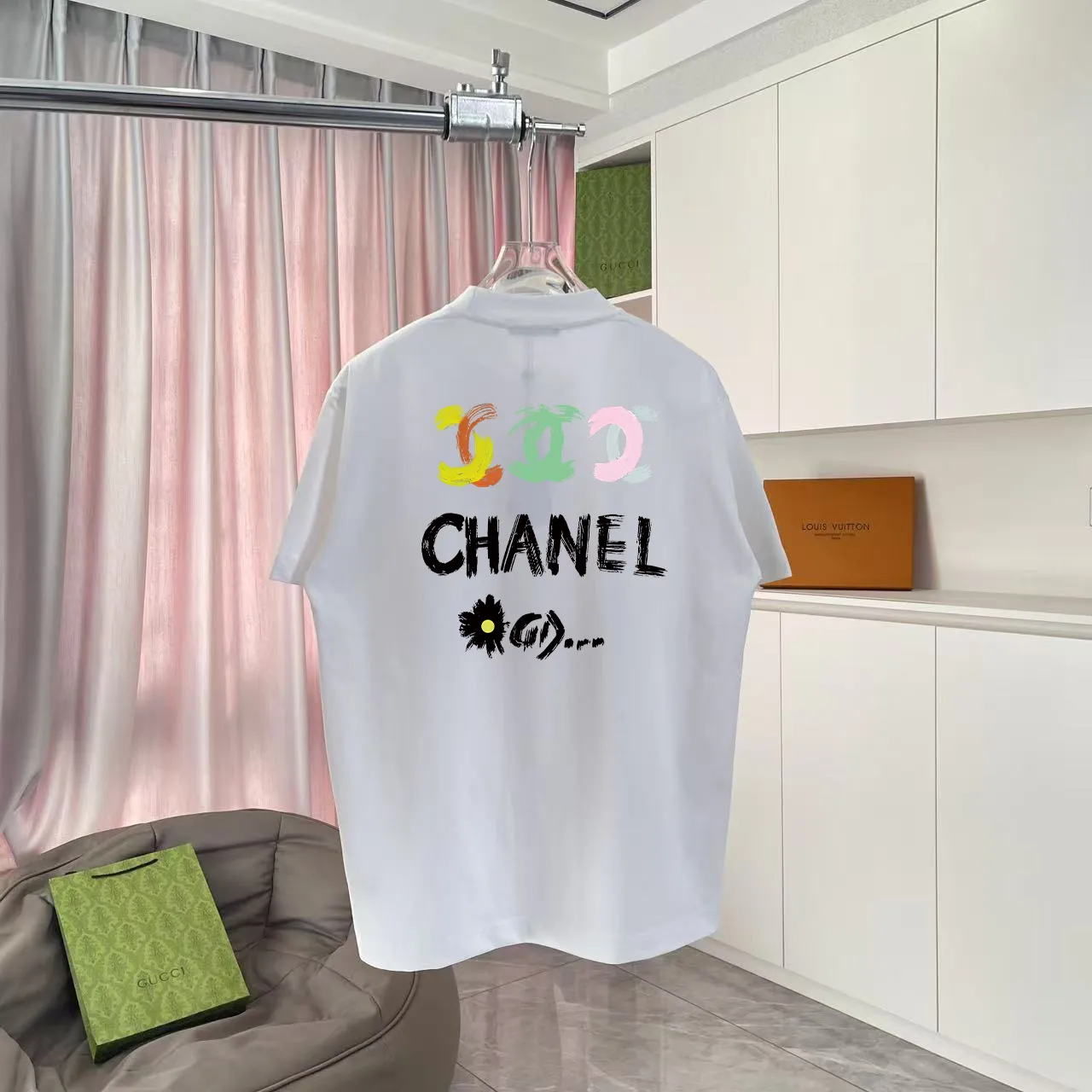 🅿️170 Chanel*CHANEL2025 new summer style Double C letter logo printing short-sleeved T-shirt Customized fabric 300g Same style for men and women Size: S M L XL XXL Five codes Color: black white lake green purple