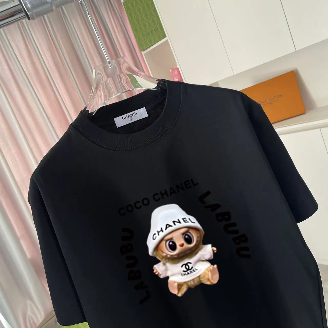 🅿️170 CHANE* Xiaoxiang 2025 autumn new style Double C letter logo printing short-sleeved T-shirt Customized fabric 300g Same style for men and women Size: S M L XL XXL five sizes Color: black white pink rose red