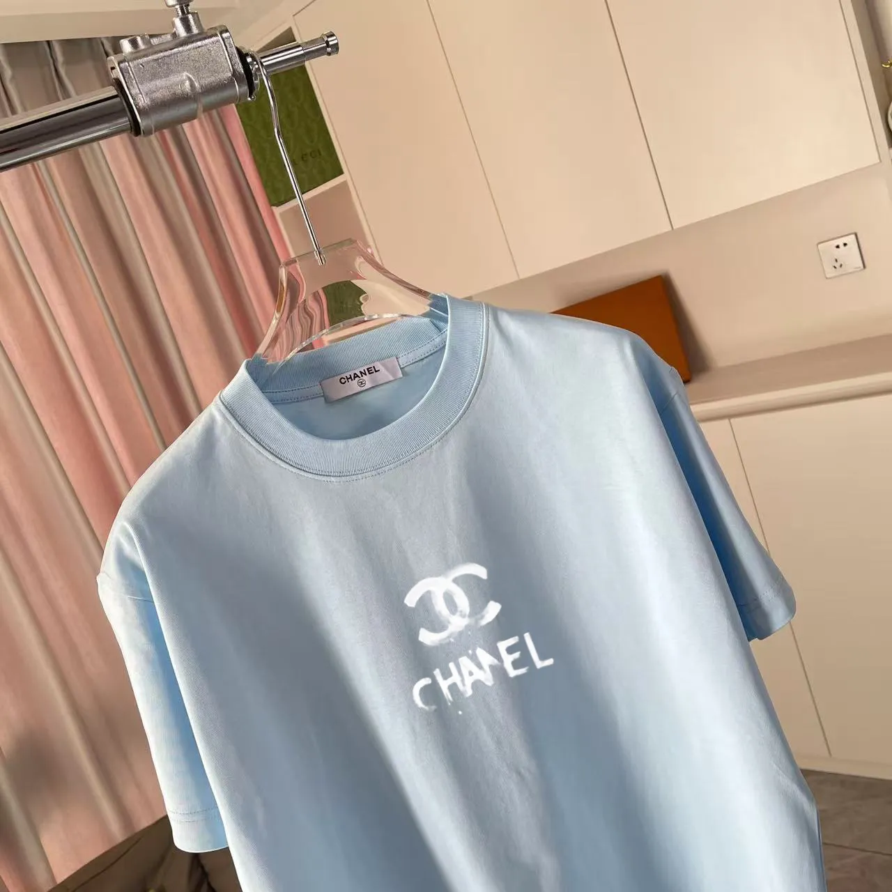 🅿️170 CHANE* Xiaoxiang 2025 autumn new style Double C letter logo printing short-sleeved T-shirt Customized fabric 300g Same style for men and women Size: S M L XL XXL Five codes Color: black white pink sky blue