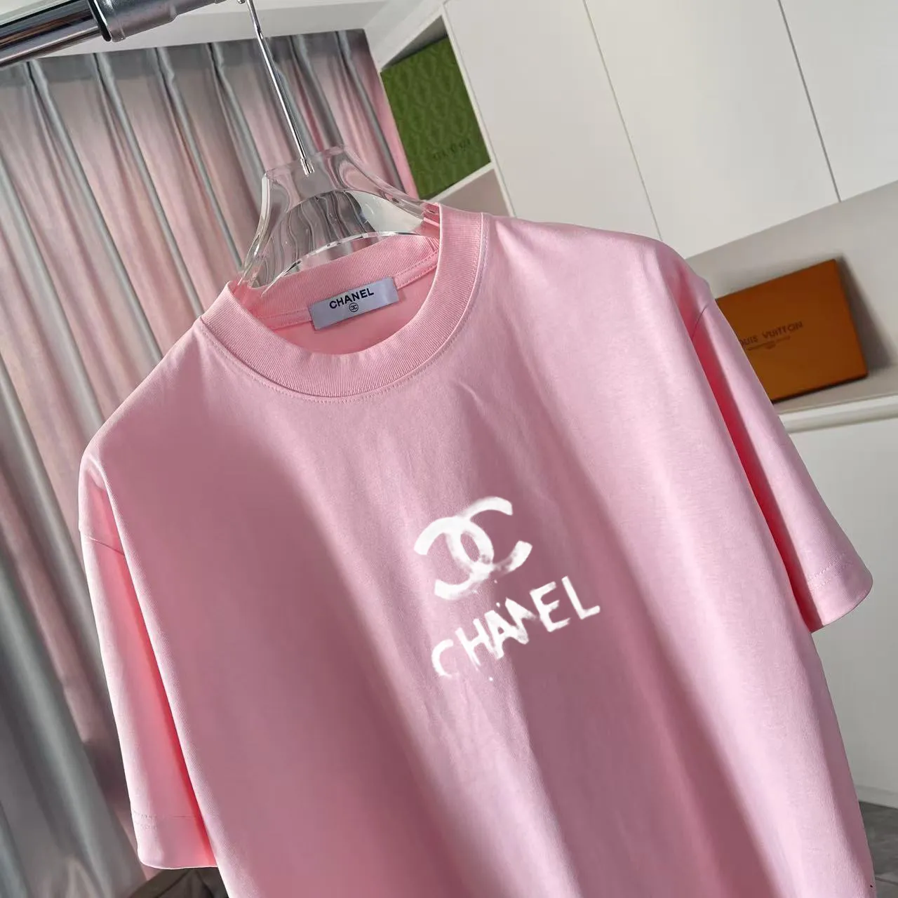 🅿️170 CHANE* Xiaoxiang 2025 autumn new style Double C letter logo printing short-sleeved T-shirt Customized fabric 300g Same style for men and women Size: S M L XL XXL Five codes Color: black white pink sky blue