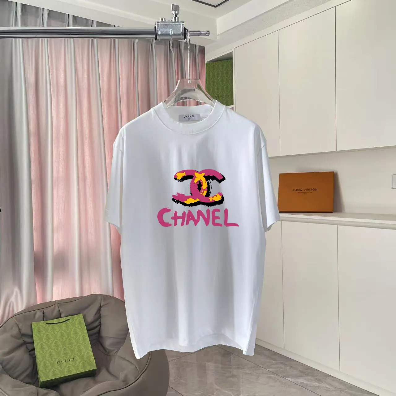 🅿️170 Chanel CHANEL2025 summer new style Double C letter logo printing short-sleeved T-shirt Customized fabric 300g Same style for men and women Size: S M L XL XXL Five codes Color: black white rose red purple