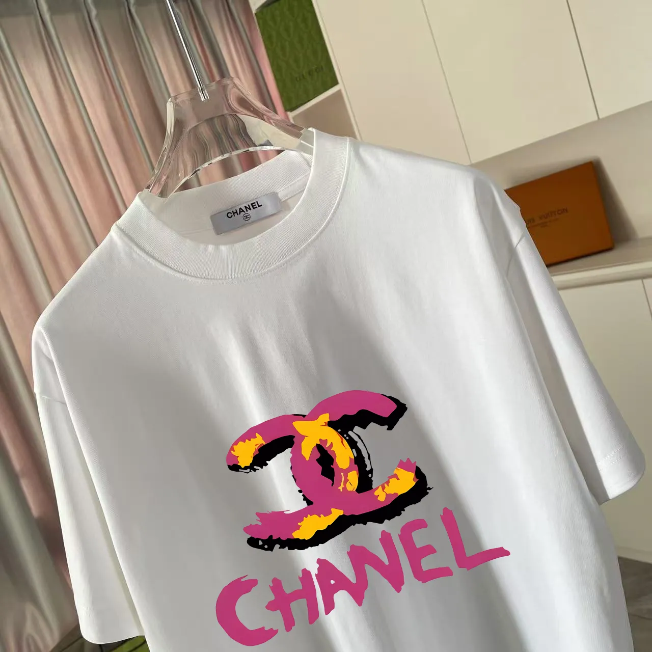 🅿️170 Chanel CHANEL2025 summer new style Double C letter logo printing short-sleeved T-shirt Customized fabric 300g Same style for men and women Size: S M L XL XXL Five codes Color: black white rose red purple