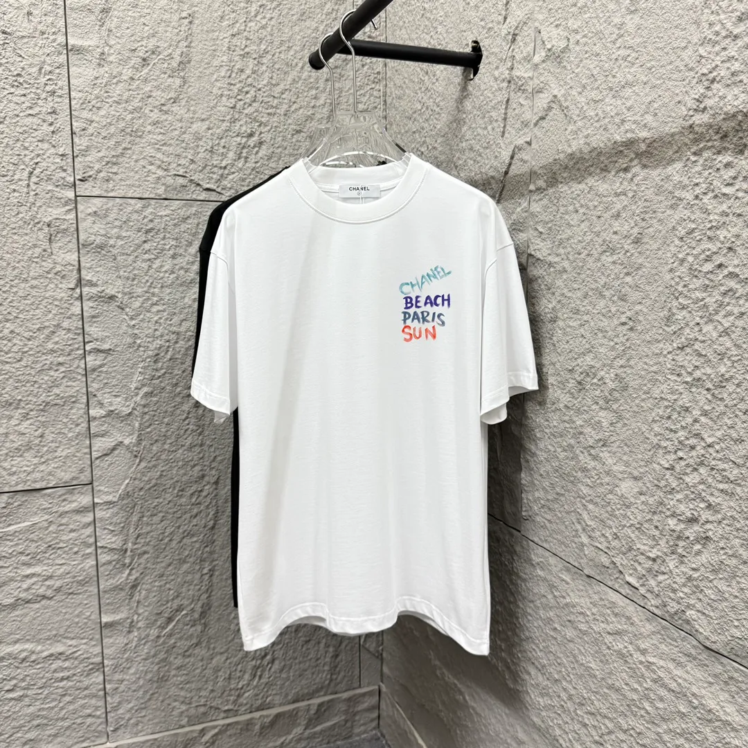 🅿️180 CHANE*Chanel*er 2025 spring and summer new style Classic color letter sign printing Customized double yarn plain cotton fabric Short-sleeved T-shirt Unisex Color: Black White Angora Red Size: S (90-130 pounds) M (120-150 pounds) L (140-165 pounds) XL (160-180 pounds) XXL (180-210 pounds)