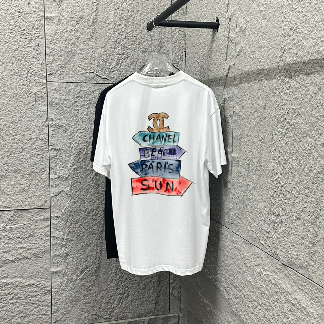 🅿️180 CHANE*Chanel*er 2025 spring and summer new style Classic color letter sign printing Customized double yarn plain cotton fabric Short-sleeved T-shirt Unisex Color: Black White Angora Red Size: S (90-130 pounds) M (120-150 pounds) L (140-165 pounds) XL (160-180 pounds) XXL (180-210 pounds)
