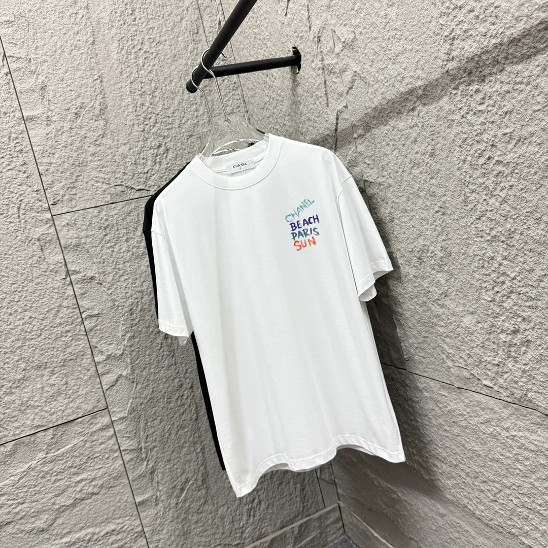 🅿️180 CHANE*Chanel*er 2025 spring and summer new style Classic color letter sign printing Customized double yarn plain cotton fabric Short-sleeved T-shirt Unisex Color: Black White Angora Red Size: S (90-130 pounds) M (120-150 pounds) L (140-165 pounds) XL (160-180 pounds) XXL (180-210 pounds)