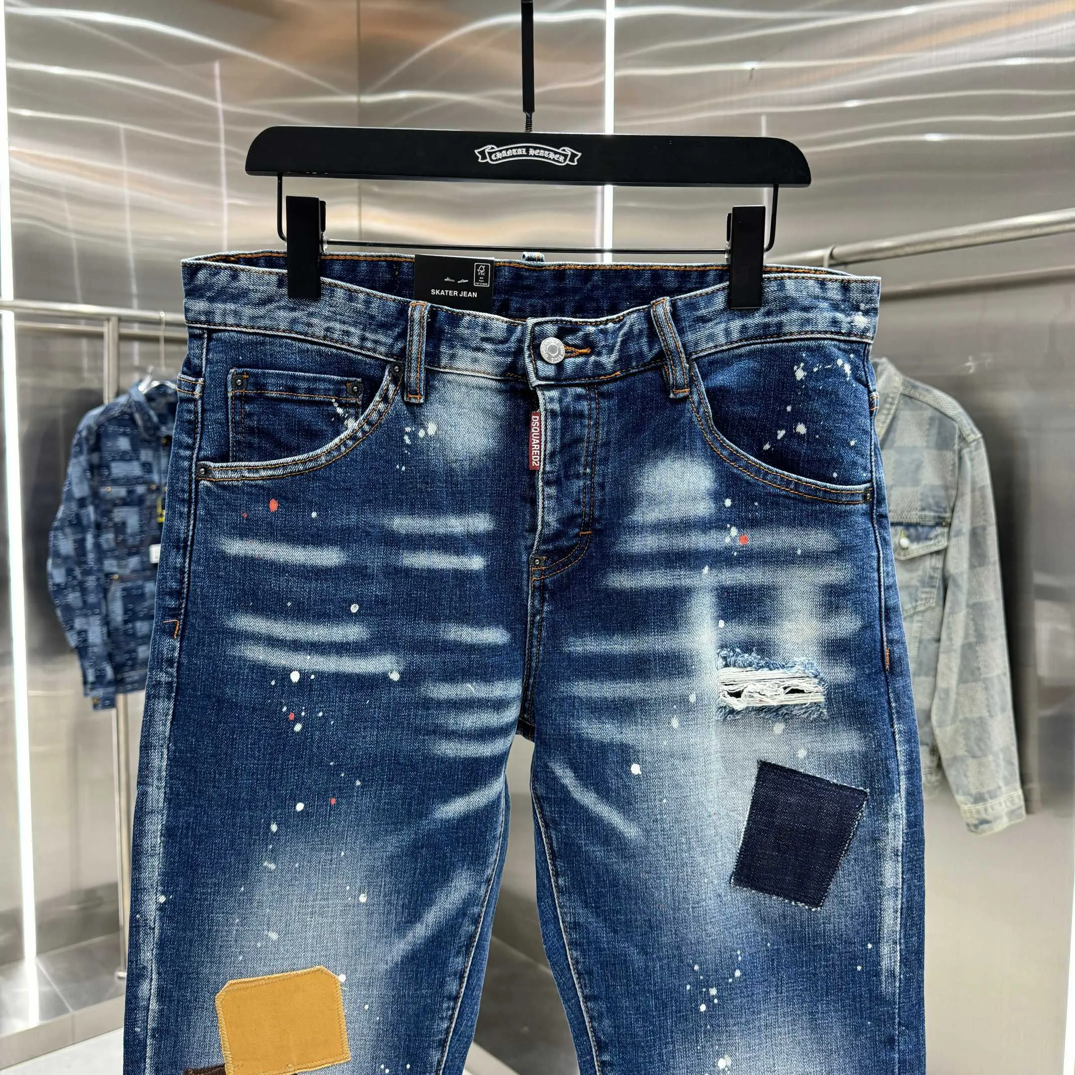 P300 DSQUARED2 graffiti hole washed craft street fashion slim fit stretch jeans color blue size 30 32 34 36 38 40