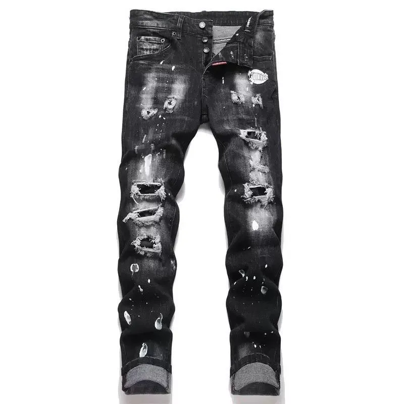 P196 model number Cc960 D2 new splash ink men's ripped trendy jeans with elastic personalized patches and slim fit beggar's pants with small feet. The top material is super soft high cotton washed denim fabric. The washing cost of each piece is up to three times of the conventional process. The touch is extremely delicate and the texture is very good. The whole body is simple and elegant. The back pocket of the trousers adopts high-end direct injection technology. Extremely exquisite. Full marks for details. Color: Picture color Code number: m-2xl