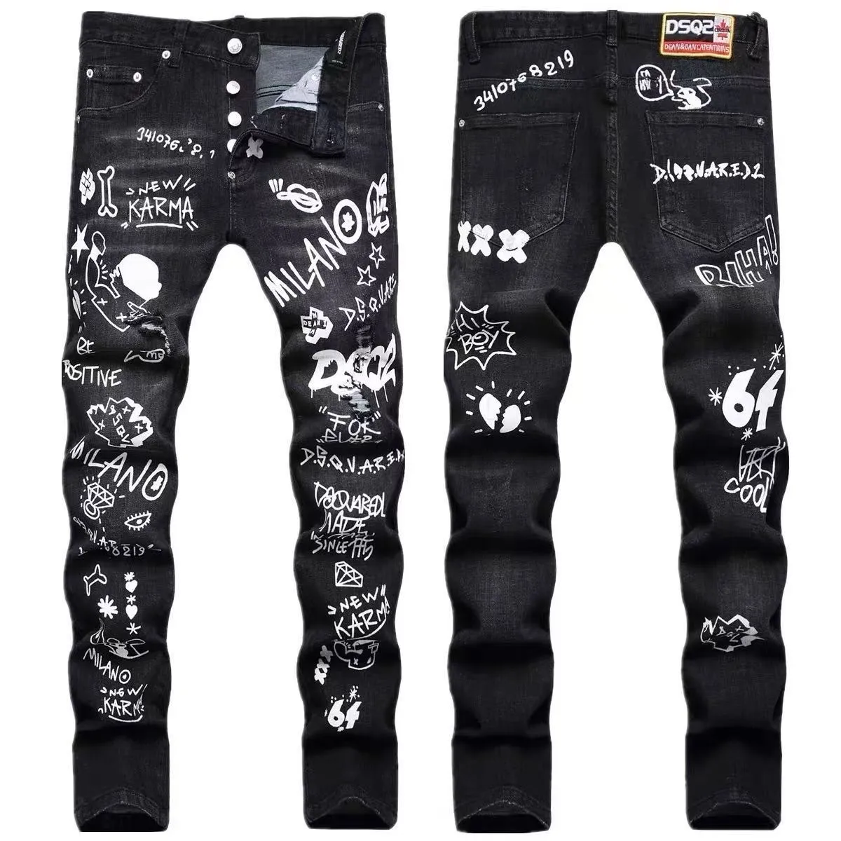 P180 D2 new embroidered men's ripped trendy jeans stretch personalized patches slim fit little feet beggar pants top-quality materials super soft high cotton washed denim fabric. Each piece of washed denim fabric costs up to three times the conventional process. The touch is extremely delicate and the texture is very good. The whole body is simple and elegant. The back pocket of the pants adopts high-end direct injection technology. It is extremely exquisite. Full score for details. Size: M-XXL
