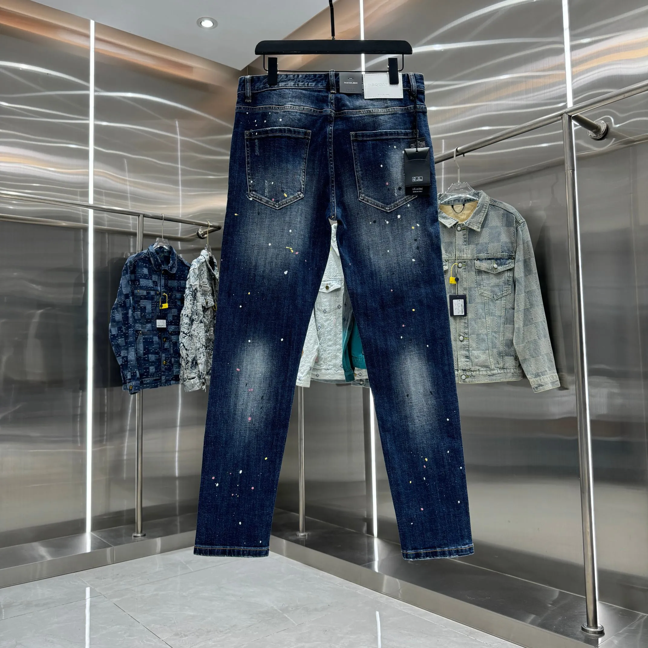 P300 DSQUARED2 graffiti hole washed craft street fashion slim fit stretch jeans color blue size 30 32 34 36 38 40