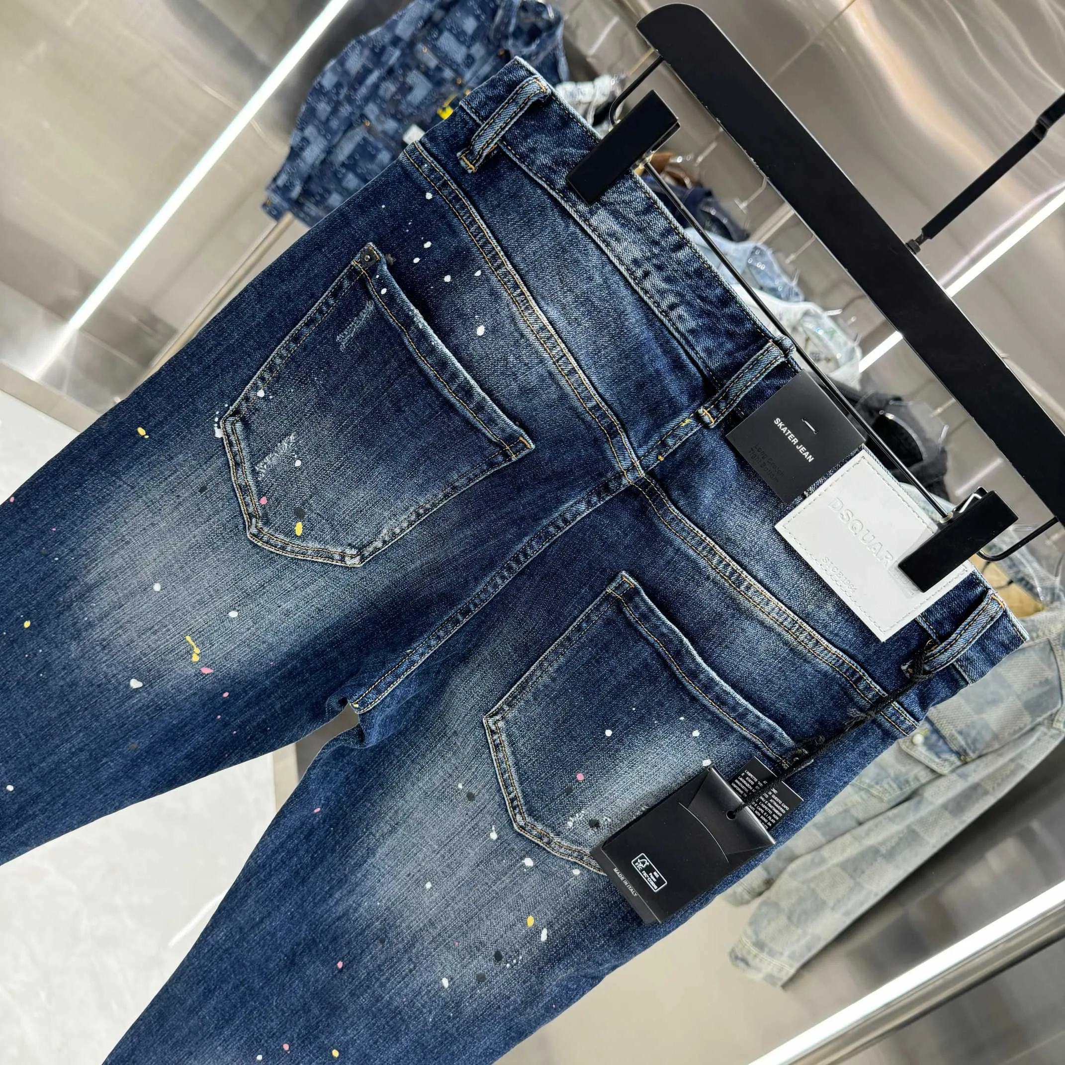 P300 DSQUARED2 graffiti hole washed craft street fashion slim fit stretch jeans color blue size 30 32 34 36 38 40