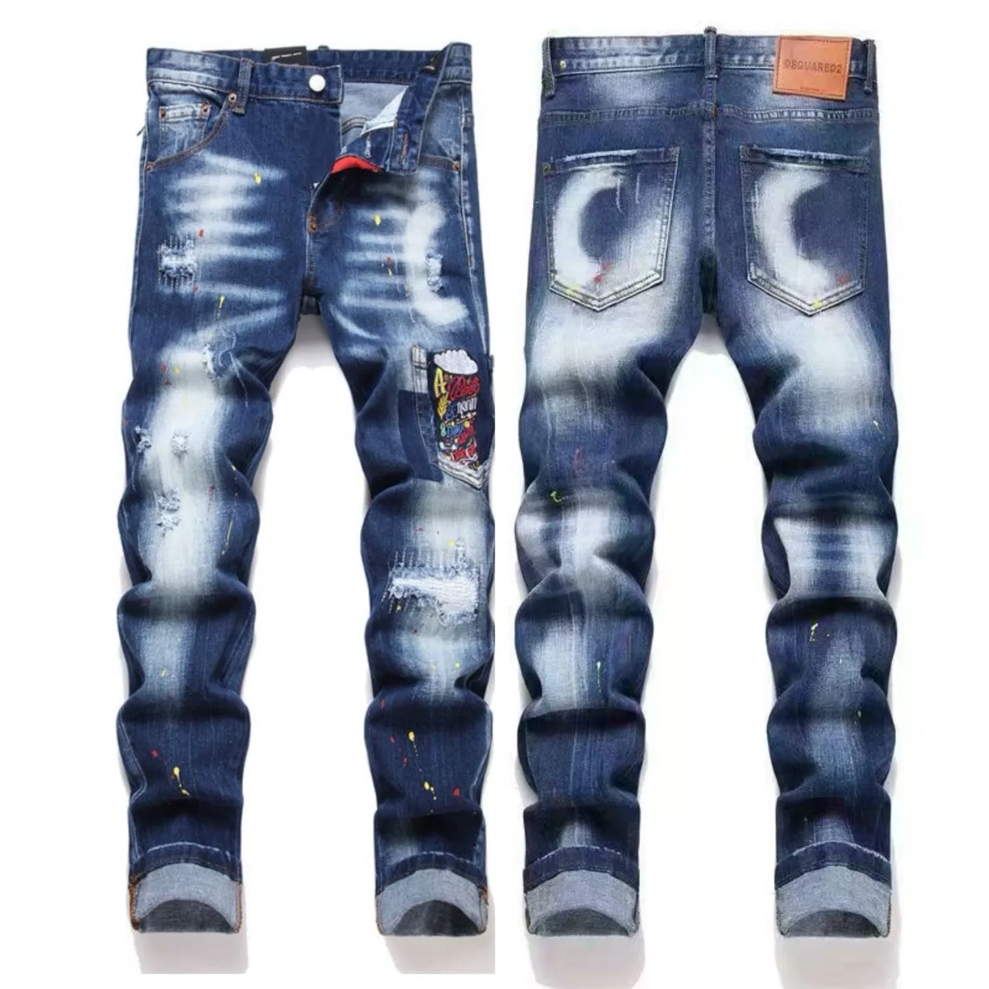 P186 💰 D2 new embroidered men's ripped trendy jeans, elastic personalized patches, slim fit, beggar's pants with small feet, top-quality materials, super soft high cotton washed denim fabric, each piece of washed denim fabric costs up to three times more than the conventional process. The touch is extremely delicate and the texture is very good. The whole body is simple and elegant. The back pocket of the trousers uses high-end direct injection technology. It is extremely exquisite. Full marks for details. Color: Picture color Size: 30-22-34-36 (corresponding to M-L-XL-XXL)