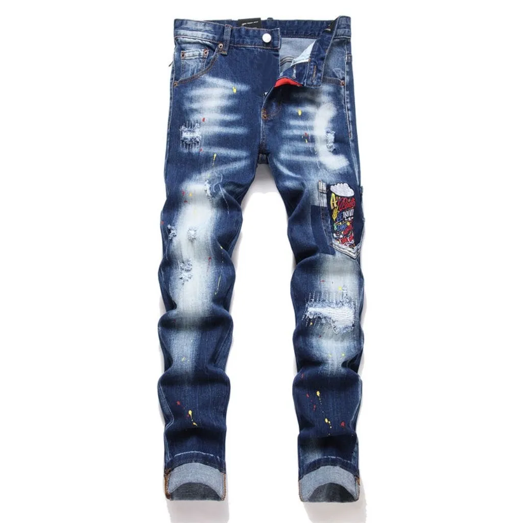 P186 💰 D2 new embroidered men's ripped trendy jeans, elastic personalized patches, slim fit, beggar's pants with small feet, top-quality materials, super soft high cotton washed denim fabric, each piece of washed denim fabric costs up to three times more than the conventional process. The touch is extremely delicate and the texture is very good. The whole body is simple and elegant. The back pocket of the trousers uses high-end direct injection technology. It is extremely exquisite. Full marks for details. Color: Picture color Size: 30-22-34-36 (corresponding to M-L-XL-XXL)