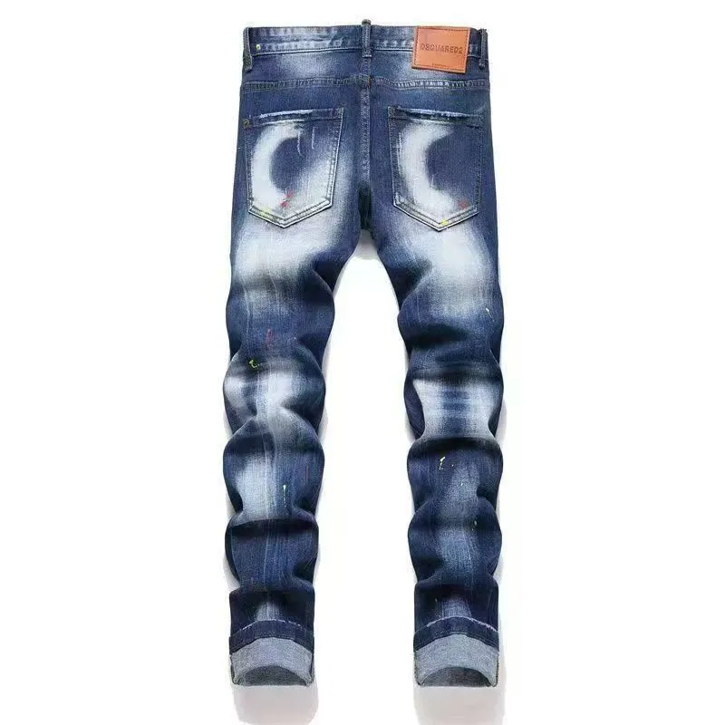 P186 💰 D2 new embroidered men's ripped trendy jeans, elastic personalized patches, slim fit, beggar's pants with small feet, top-quality materials, super soft high cotton washed denim fabric, each piece of washed denim fabric costs up to three times more than the conventional process. The touch is extremely delicate and the texture is very good. The whole body is simple and elegant. The back pocket of the trousers uses high-end direct injection technology. It is extremely exquisite. Full marks for details. Color: Picture color Size: 30-22-34-36 (corresponding to M-L-XL-XXL)
