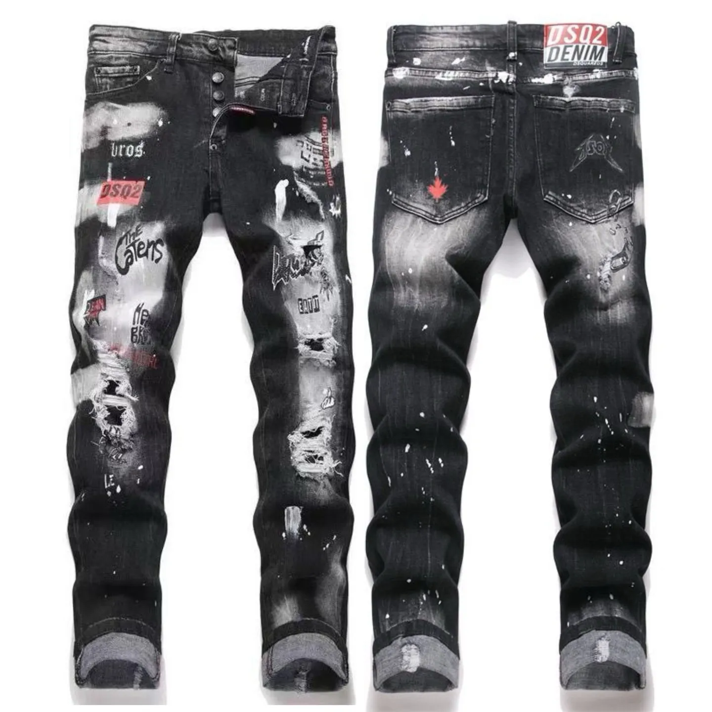 P186 💰 D2 new embroidered men's ripped trendy jeans, elastic personalized patches, slim fit, beggar's pants with small feet, top-quality materials, super soft high cotton washed denim fabric, each piece of washed denim fabric costs up to three times more than the conventional process. The touch is extremely delicate and the texture is very good. The whole body is simple and elegant. The back pocket of the trousers uses high-end direct injection technology. It is extremely exquisite. Full marks for details. Color: Picture color Size: 30-22-34-36 (corresponding to M-L-XL-XXL)