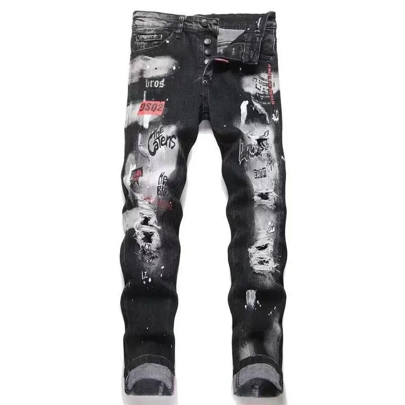 P186 💰 D2 new embroidered men's ripped trendy jeans, elastic personalized patches, slim fit, beggar's pants with small feet, top-quality materials, super soft high cotton washed denim fabric, each piece of washed denim fabric costs up to three times more than the conventional process. The touch is extremely delicate and the texture is very good. The whole body is simple and elegant. The back pocket of the trousers uses high-end direct injection technology. It is extremely exquisite. Full marks for details. Color: Picture color Size: 30-22-34-36 (corresponding to M-L-XL-XXL)