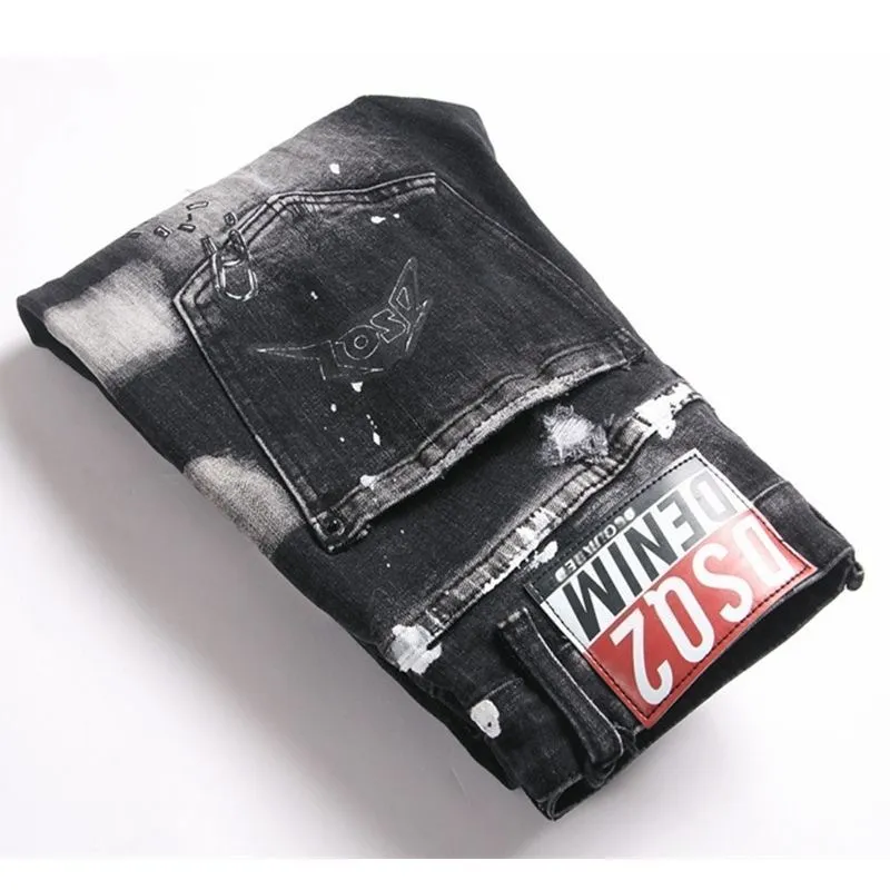 P186 💰 D2 new embroidered men's ripped trendy jeans, elastic personalized patches, slim fit, beggar's pants with small feet, top-quality materials, super soft high cotton washed denim fabric, each piece of washed denim fabric costs up to three times more than the conventional process. The touch is extremely delicate and the texture is very good. The whole body is simple and elegant. The back pocket of the trousers uses high-end direct injection technology. It is extremely exquisite. Full marks for details. Color: Picture color Size: 30-22-34-36 (corresponding to M-L-XL-XXL)