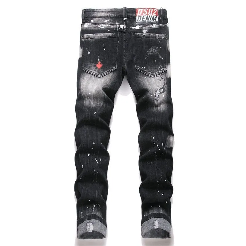 P186 💰 D2 new embroidered men's ripped trendy jeans, elastic personalized patches, slim fit, beggar's pants with small feet, top-quality materials, super soft high cotton washed denim fabric, each piece of washed denim fabric costs up to three times more than the conventional process. The touch is extremely delicate and the texture is very good. The whole body is simple and elegant. The back pocket of the trousers uses high-end direct injection technology. It is extremely exquisite. Full marks for details. Color: Picture color Size: 30-22-34-36 (corresponding to M-L-XL-XXL)