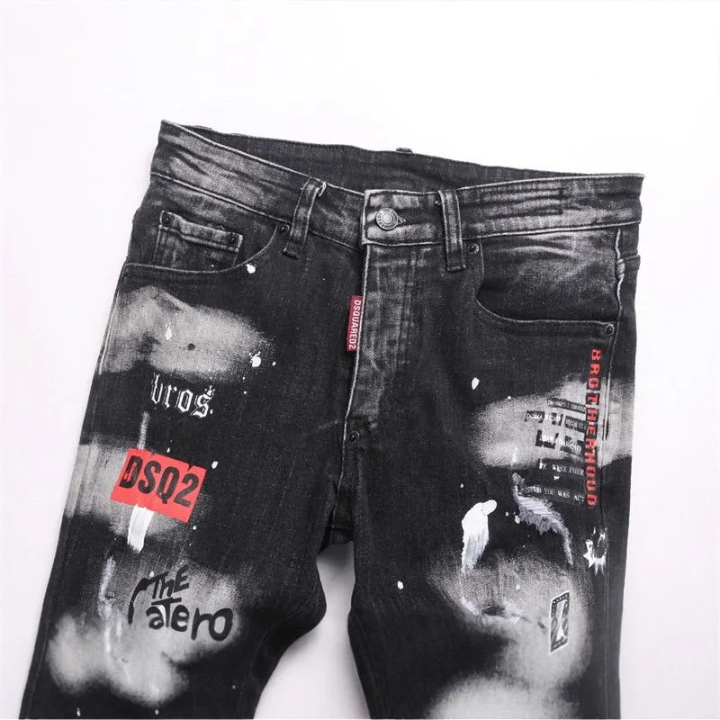 P186 💰 D2 new embroidered men's ripped trendy jeans, elastic personalized patches, slim fit, beggar's pants with small feet, top-quality materials, super soft high cotton washed denim fabric, each piece of washed denim fabric costs up to three times more than the conventional process. The touch is extremely delicate and the texture is very good. The whole body is simple and elegant. The back pocket of the trousers uses high-end direct injection technology. It is extremely exquisite. Full marks for details. Color: Picture color Size: 30-22-34-36 (corresponding to M-L-XL-XXL)