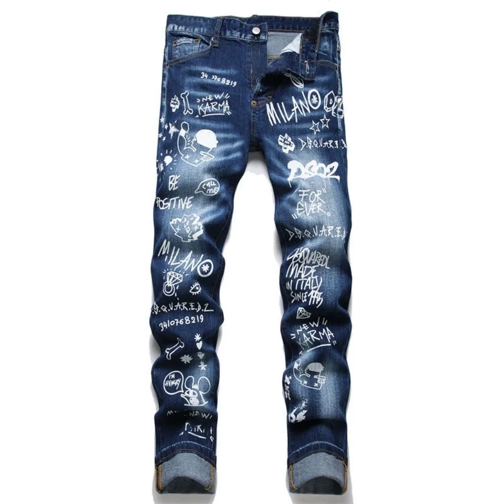 P186 💰 D2 new embroidered men's ripped trendy jeans, elastic personalized patches, slim fit, beggar's pants with small feet, top-quality materials, super soft high cotton washed denim fabric, each piece of washed denim fabric costs up to three times more than the conventional process. The touch is extremely delicate and the texture is very good. The whole body is simple and elegant. The back pocket of the trousers uses high-end direct injection technology. It is extremely exquisite. Full marks for details. Color: Picture color Size: 30-22-34-36 (corresponding to M-L-XL-XXL)