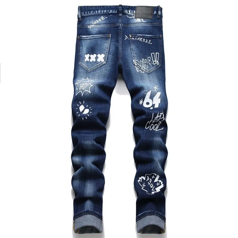 P186 💰 D2 new embroidered men's ripped trendy jeans, elastic personalized patches, slim fit, beggar's pants with small feet, top-quality materials, super soft high cotton washed denim fabric, each piece of washed denim fabric costs up to three times more than the conventional process. The touch is extremely delicate and the texture is very good. The whole body is simple and elegant. The back pocket of the trousers uses high-end direct injection technology. It is extremely exquisite. Full marks for details. Color: Picture color Size: 30-22-34-36 (corresponding to M-L-XL-XXL)