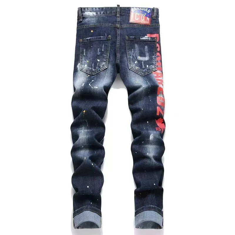 P186 💰 D2 new embroidered men's ripped trendy jeans, elastic personalized patches, slim fit, beggar's pants with small feet, top-quality materials, super soft high cotton washed denim fabric, each piece of washed denim fabric costs up to three times more than the conventional process. The touch is extremely delicate and the texture is very good. The whole body is simple and elegant. The back pocket of the trousers uses high-end direct injection technology. It is extremely exquisite. Full marks for details. Color: Picture color Size: 30-32-34-36 (corresponding to M-L-XL-XXL)