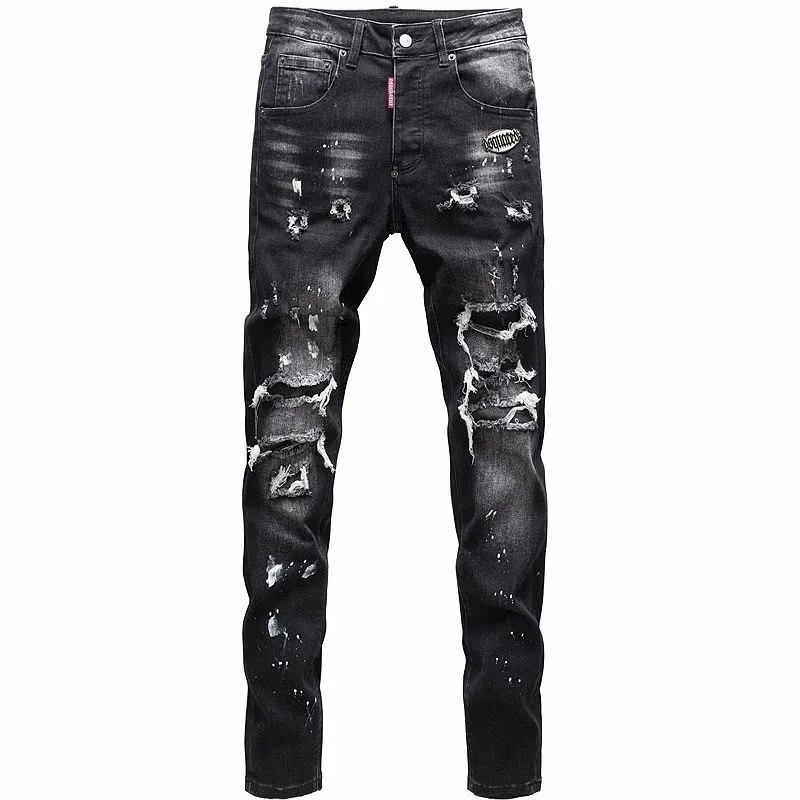 P186 💰 D2 new embroidered men's ripped trendy jeans, elastic personalized patches, slim fit, beggar's pants with small feet, top-quality materials, super soft high cotton washed denim fabric, each piece of washed denim fabric costs up to three times more than the conventional process. The touch is extremely delicate and the texture is very good. The whole body is simple and elegant. The back pocket of the trousers uses high-end direct injection technology. It is extremely exquisite. Full marks for details. Color: Picture color Size: 30-22-34-36 (corresponding to M-L-XL-XXL)