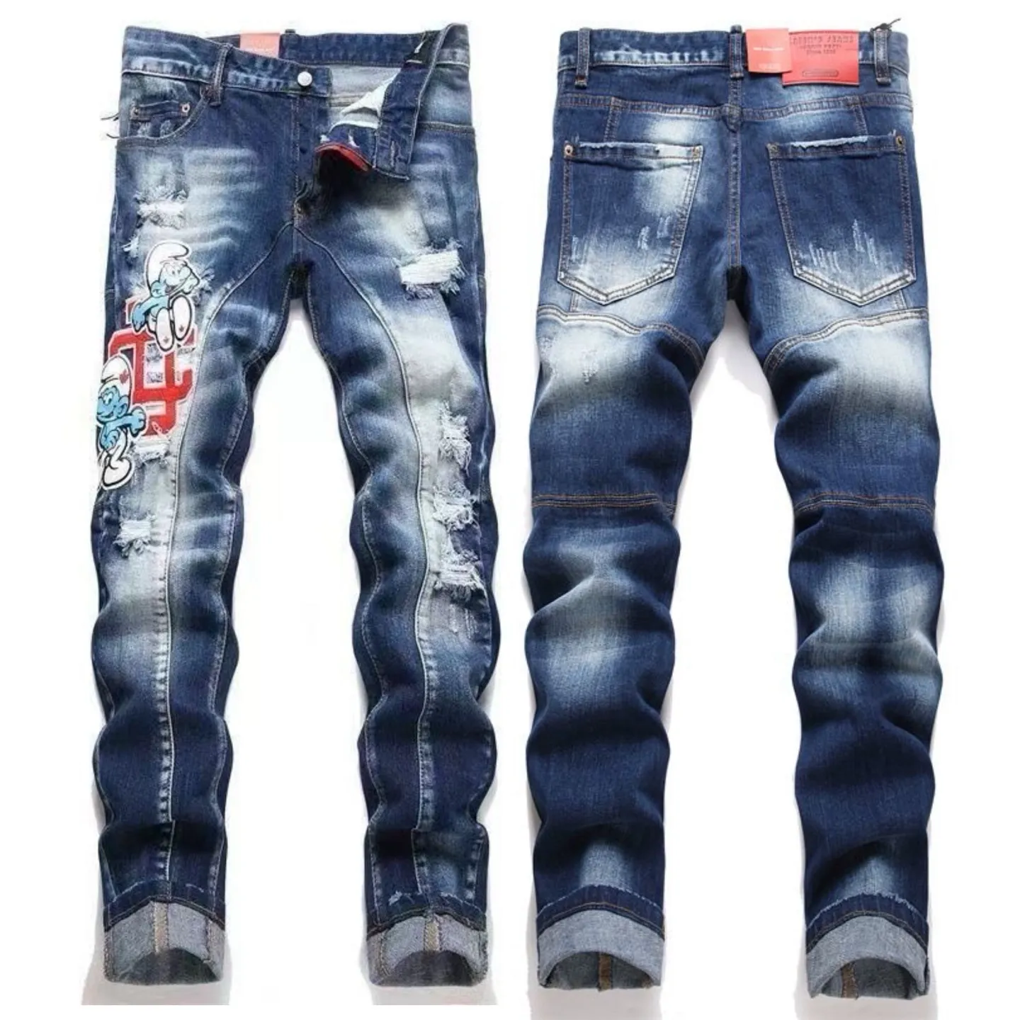 P186 💰 D2 new embroidered men's ripped trendy jeans, elastic personalized patches, slim fit, beggar's pants with small feet, top-quality materials, super soft high cotton washed denim fabric, each piece of washed denim fabric costs up to three times more than the conventional process. The touch is extremely delicate and the texture is very good. The whole body is simple and elegant. The back pocket of the trousers uses high-end direct injection technology. It is extremely exquisite. Full marks for details. Color: Picture color Size: 30-32-34-36 (corresponding to M-L-XL-XXL)