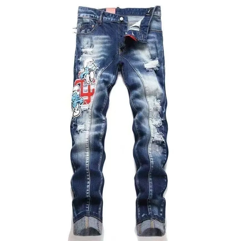 P186 💰 D2 new embroidered men's ripped trendy jeans, elastic personalized patches, slim fit, beggar's pants with small feet, top-quality materials, super soft high cotton washed denim fabric, each piece of washed denim fabric costs up to three times more than the conventional process. The touch is extremely delicate and the texture is very good. The whole body is simple and elegant. The back pocket of the trousers uses high-end direct injection technology. It is extremely exquisite. Full marks for details. Color: Picture color Size: 30-32-34-36 (corresponding to M-L-XL-XXL)