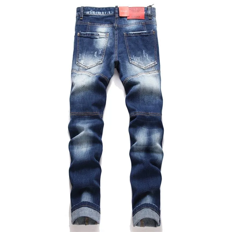 P186 💰 D2 new embroidered men's ripped trendy jeans, elastic personalized patches, slim fit, beggar's pants with small feet, top-quality materials, super soft high cotton washed denim fabric, each piece of washed denim fabric costs up to three times more than the conventional process. The touch is extremely delicate and the texture is very good. The whole body is simple and elegant. The back pocket of the trousers uses high-end direct injection technology. It is extremely exquisite. Full marks for details. Color: Picture color Size: 30-32-34-36 (corresponding to M-L-XL-XXL)