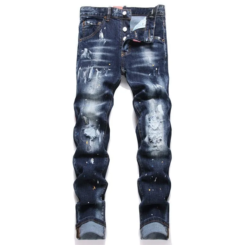P180 D2 new embroidered men's ripped trendy jeans stretch personalized patches slim fit little feet beggar pants top-quality materials super soft high cotton washed denim fabric. Each piece of washed denim fabric costs up to three times the conventional process. The touch is extremely delicate and the texture is very good. The whole body is simple and elegant. The back pocket of the pants adopts high-end direct injection technology. It is extremely exquisite. Full score for details. Size: M-XXL
