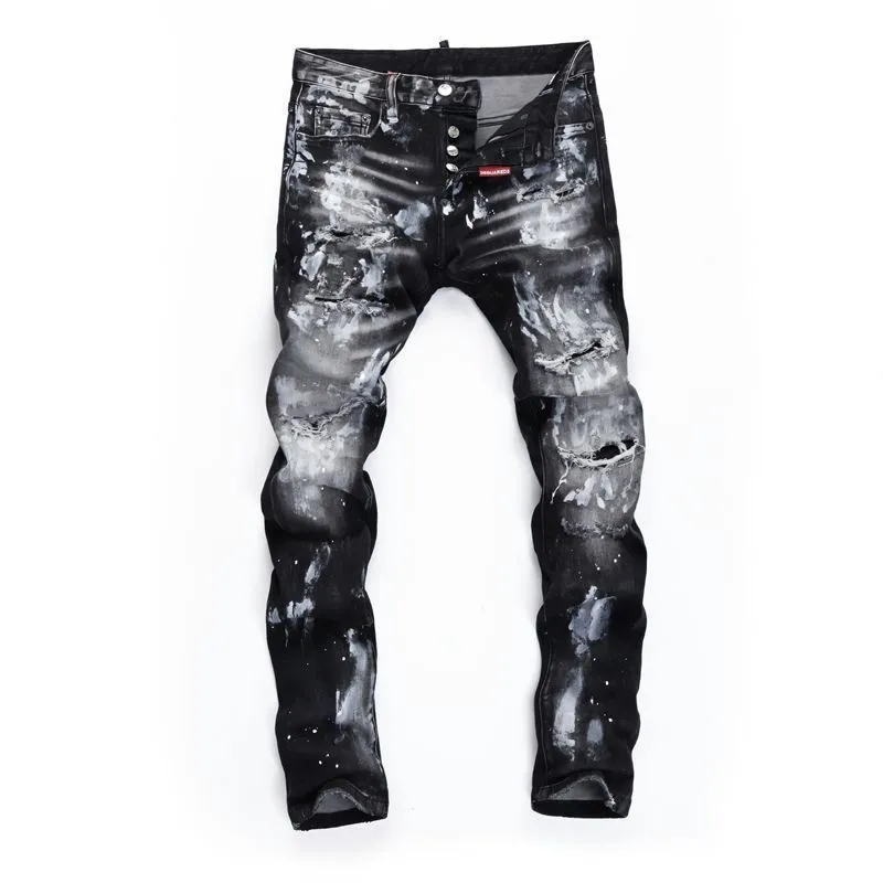 P186 💰 D2 new embroidered men's ripped trendy jeans, elastic personalized patches, slim fit, beggar's pants with small feet, top-quality materials, super soft high cotton washed denim fabric, each piece of washed denim fabric costs up to three times more than the conventional process. The touch is extremely delicate and the texture is very good. The whole body is simple and elegant. The back pocket of the trousers uses high-end direct injection technology. It is extremely exquisite. Full marks for details. Color: Picture color Size: 30-22-34-36 (corresponding to M-L-XL-XXL)