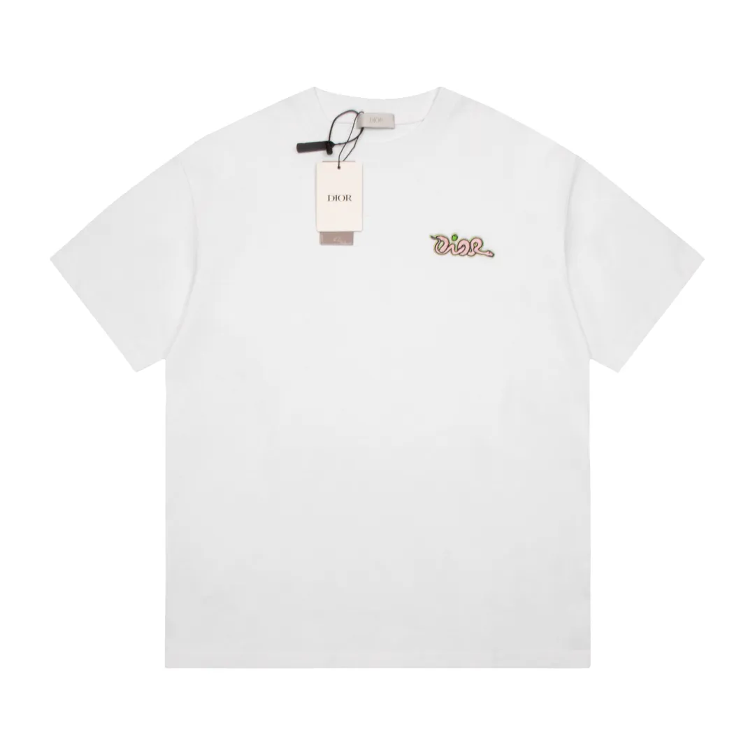 🅿️180 High-quality DIOR/Dior new series Apple snake embroidered short-sleeved T-shirt, pure cotton double yarn fabric, using high-density thread embroidery, loose version, full set of accessories, soft and thick fabric, complete with three standards, same size for men and women. Size xs s m l