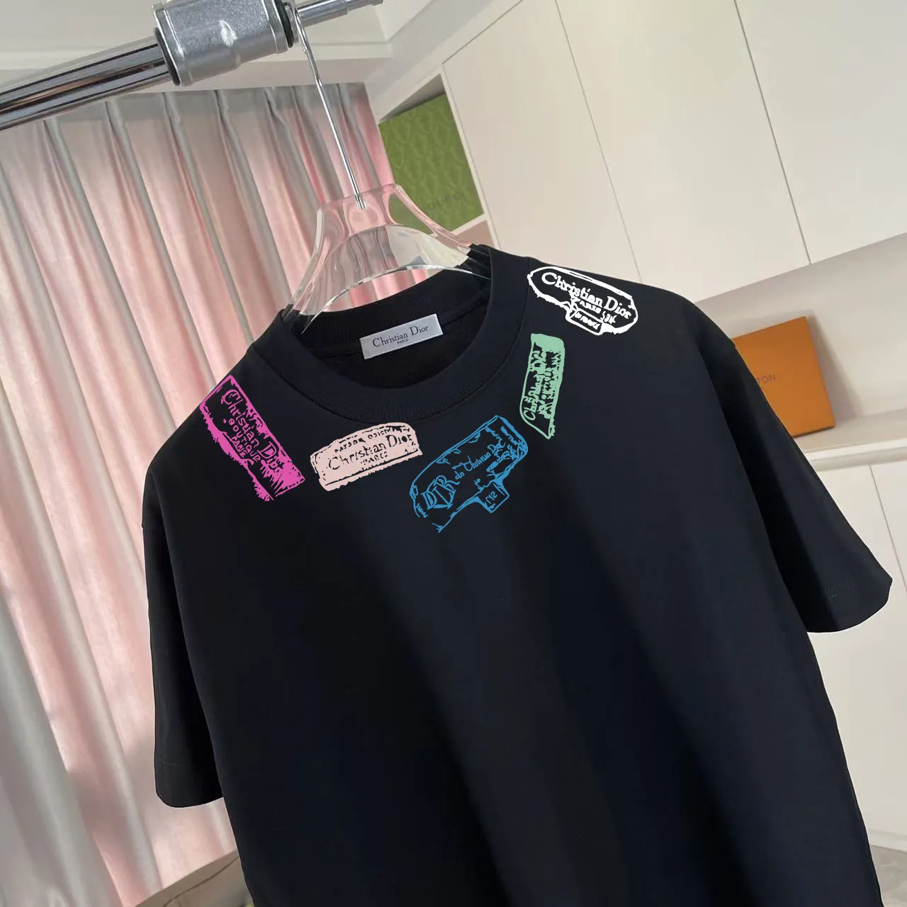 🅿️170 Dio*Dior 2025 summer new style Personalized letter logo printing Short-sleeved T-shirt Customized fabric 300g Same style for men and women Color: Black White Pink Iron Gray Size: S M L XL XXL Five codes​