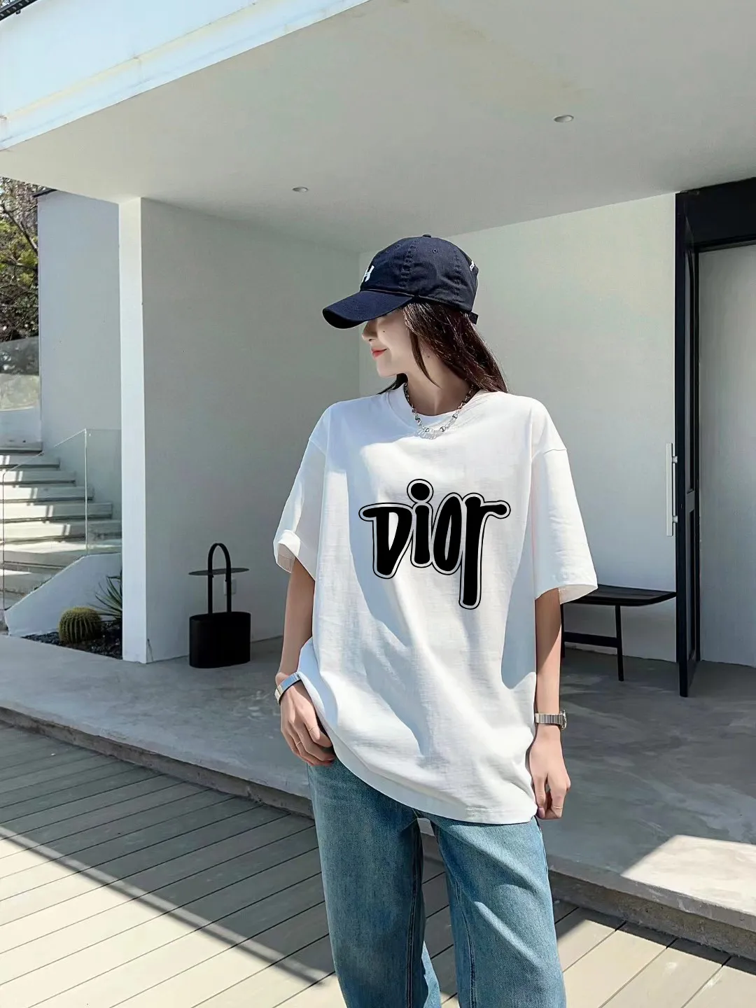 🅿️170 [DIOR Dior] 2025FW short-sleeved T-shirt LOGO printing High-end 26s double yarn 300g fabric Heavy fabric Customized frame ribbing in the same cylinder and dyeing Complete three standards Same style for men and women Color: Black White Size: S M L XL 2XL