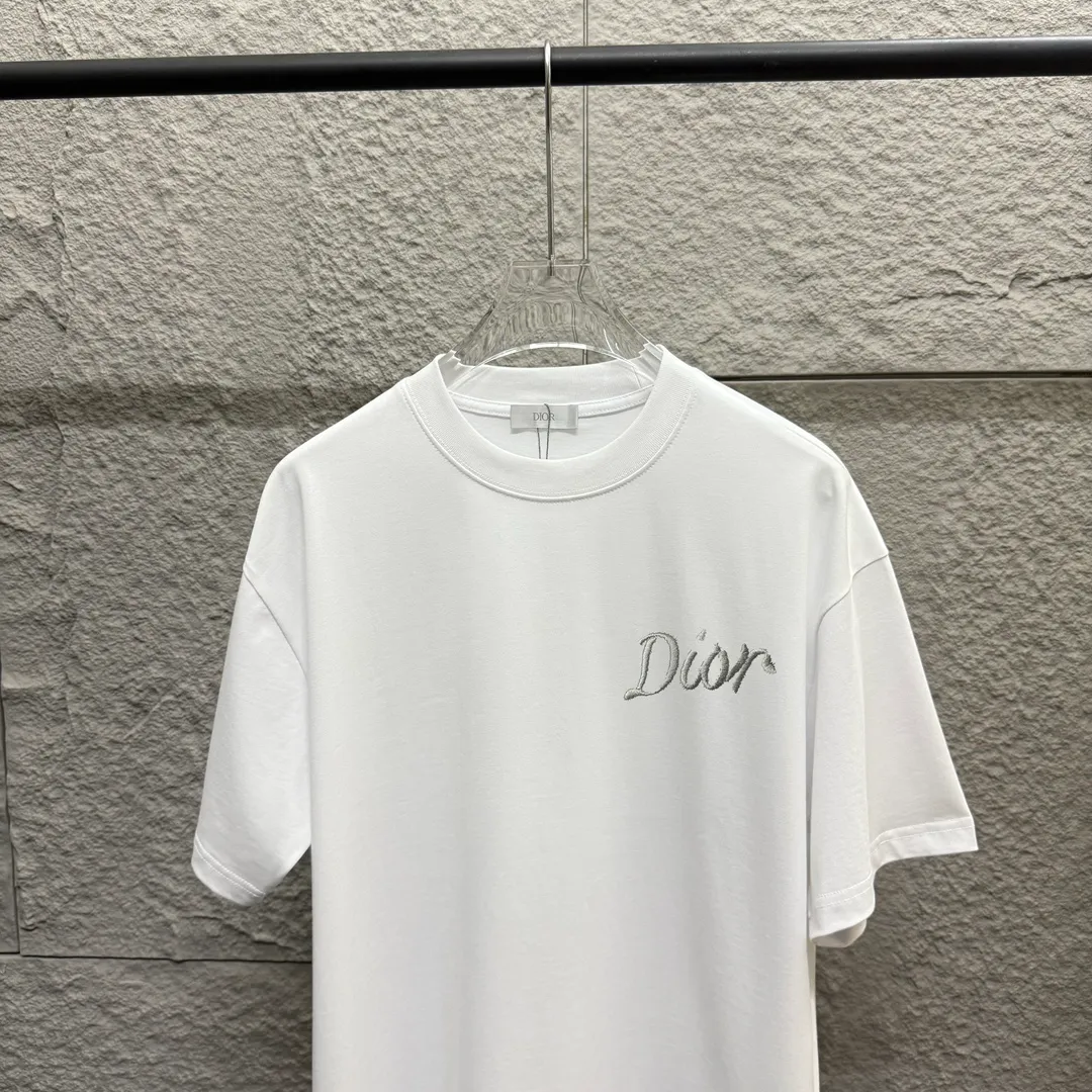 🅿️180 Dio* Dior 2025 spring and summer new style Classic letter silver thread embroidery Customized double yarn plain cotton fabric Short-sleeved T-shirt Uniform for men and women Size: S (90-130 catties) M (120-150 catties) L (140-165 catties) XL (160-180 catties) XXL (180-210 catties) Color: black white