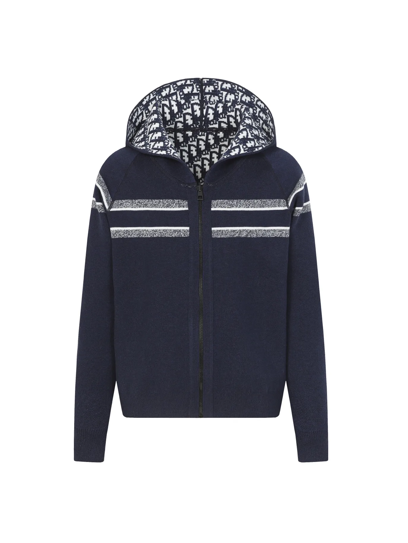 🅿️540 DIOR/Dior double-sided jacquard cashmere knitted hood (navy blue). The original version was purchased for 22,337 and developed. The fabric is made of cashmere blended knitted fabric, which is soft and comfortable. It features a zip closure at the front and subtle ribbed trimming at the cuffs and hem. The reversible design features a solid blue hue on one side and the brand's signature Oblique pattern on the other, with Cistian strap detailing on the back. The unlined cut ensures a light and effortless fit, while the slim fit creates an elegant silhouette. The entire piece has exquisite craftsmanship, double-sided knitting technology enables reversible wear, and ribbed edges enhance the three-dimensional effect. Dry cleaning and maintenance are recommended to maintain the delicate texture of cashmere fabrics. This piece is both casual and fashionable, and can be easily matched with all kinds of clothing, showing the brand's exquisite craftsmanship and classic aesthetics. Color: Navy Gray Size: S M L