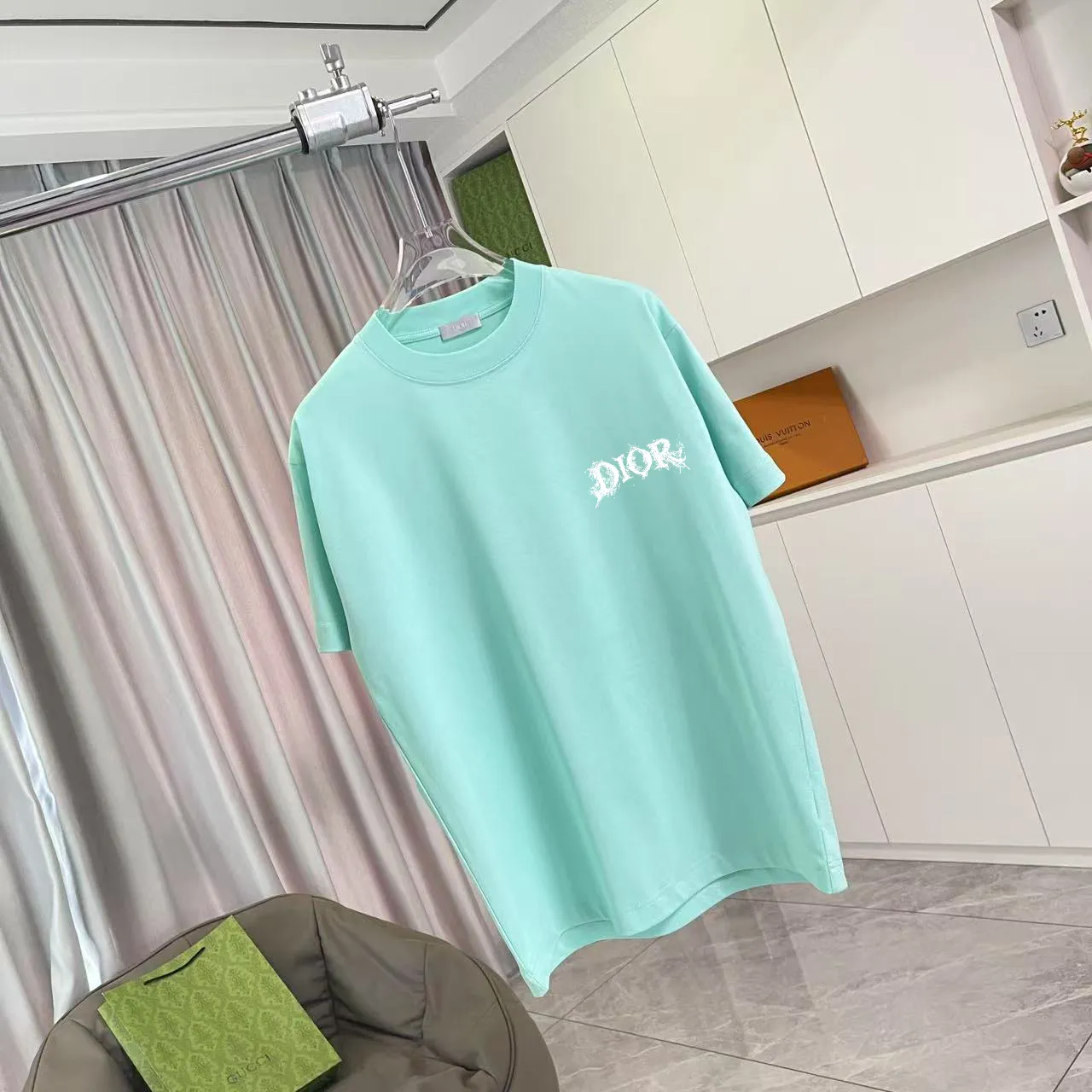 🅿️170 Dio Dior 2025 summer new style Personalized letter logo printing Short-sleeved T-shirt Customized fabric 300g Same style for men and women Color: black white lake green sky blue Size: S M L XL XXL five sizes ​