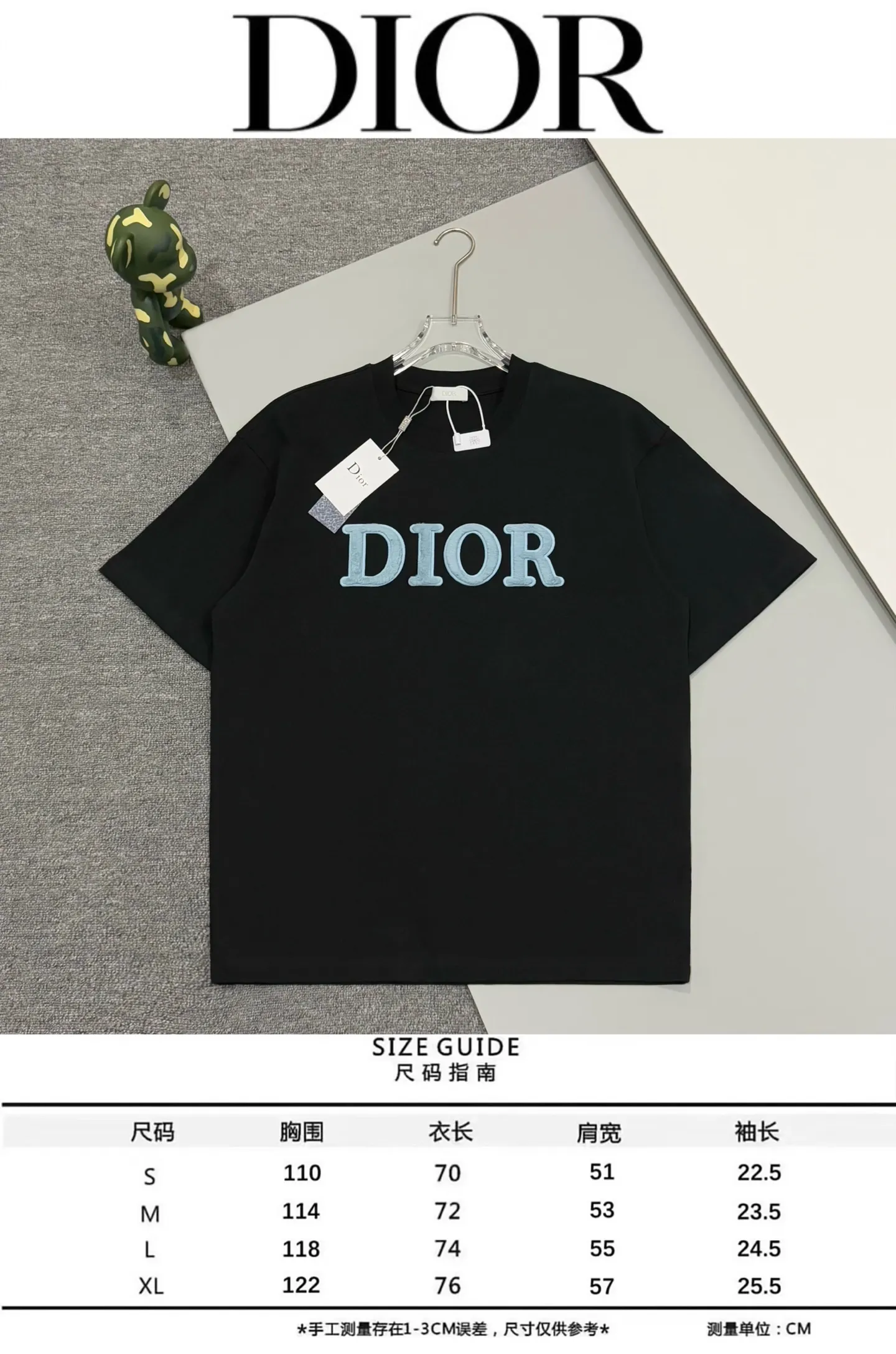 🅿️200 [High quality] Dior Dior 25ss spring and summer new round neck short-sleeved T-shirt simple brand embroidery letter hair transplant logo design logo official synchronization original mold fashion personality versatile trend pure original quality original 32 pieces 280g washed fabric tag collar label washed wheat three labels complete Color: black. White. Size: S to XL