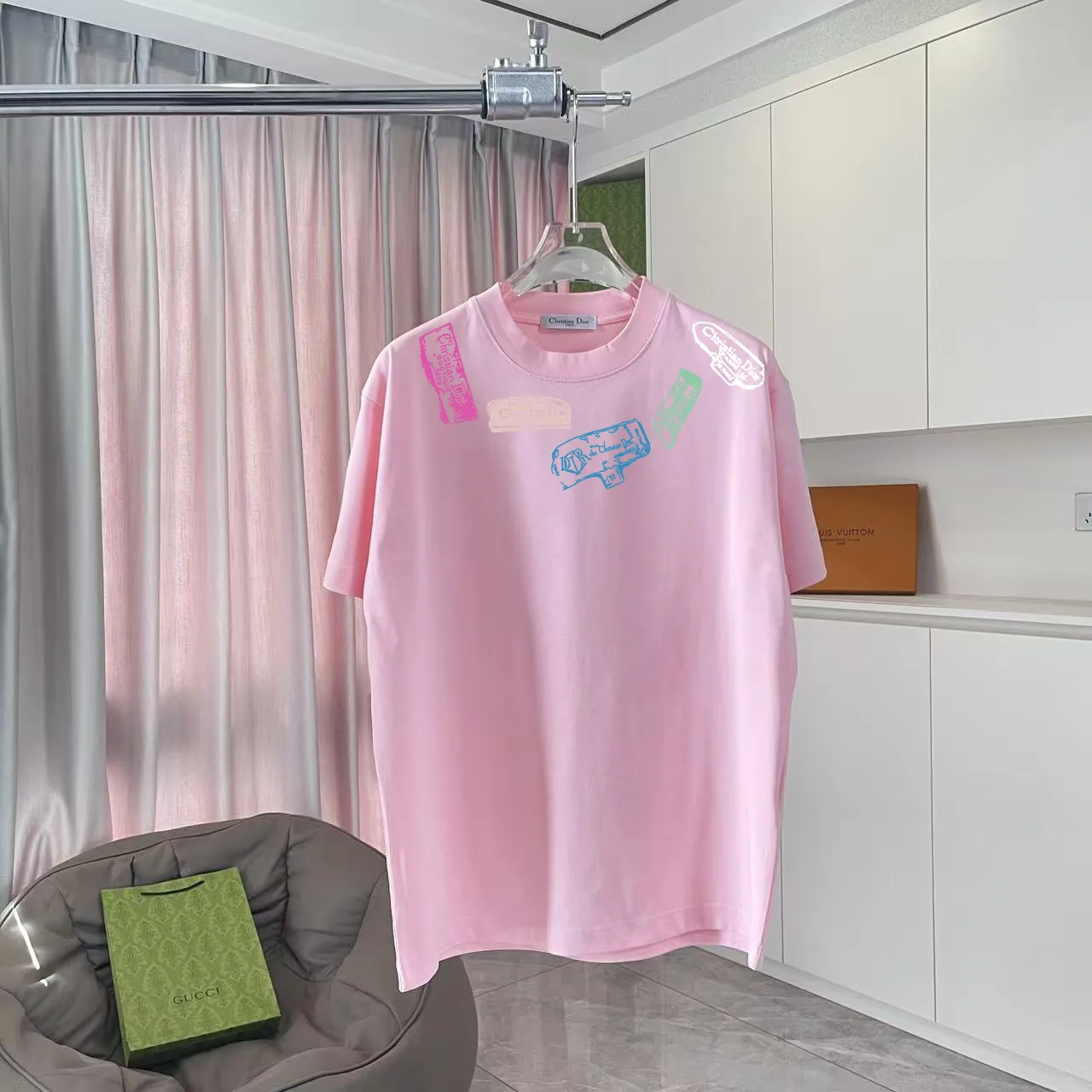 🅿️170 Dio*Dior 2025 summer new style Personalized letter logo printing Short-sleeved T-shirt Customized fabric 300g Same style for men and women Color: Black White Pink Iron Gray Size: S M L XL XXL Five codes​