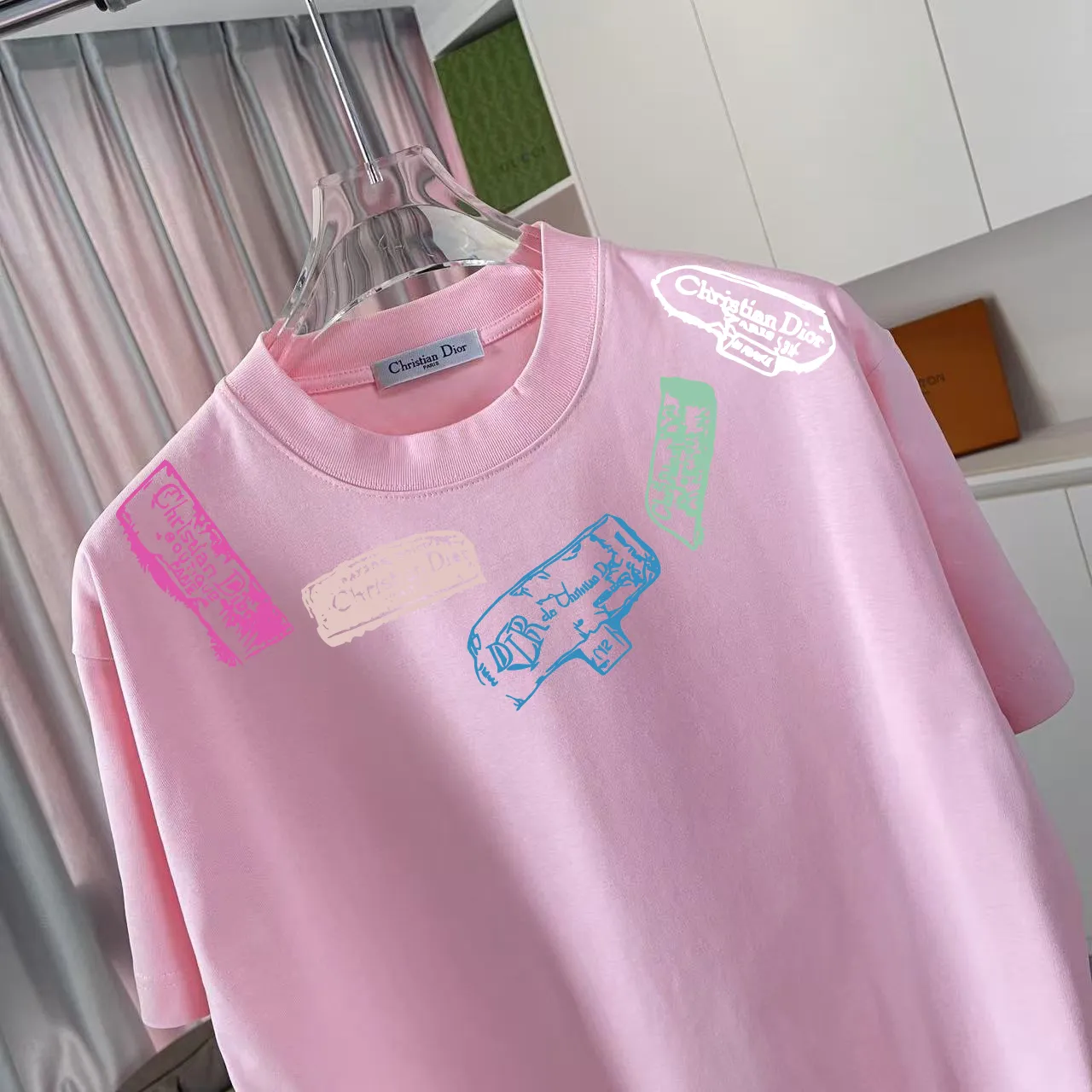 🅿️170 Dio*Dior 2025 summer new style Personalized letter logo printing Short-sleeved T-shirt Customized fabric 300g Same style for men and women Color: Black White Pink Iron Gray Size: S M L XL XXL Five codes​