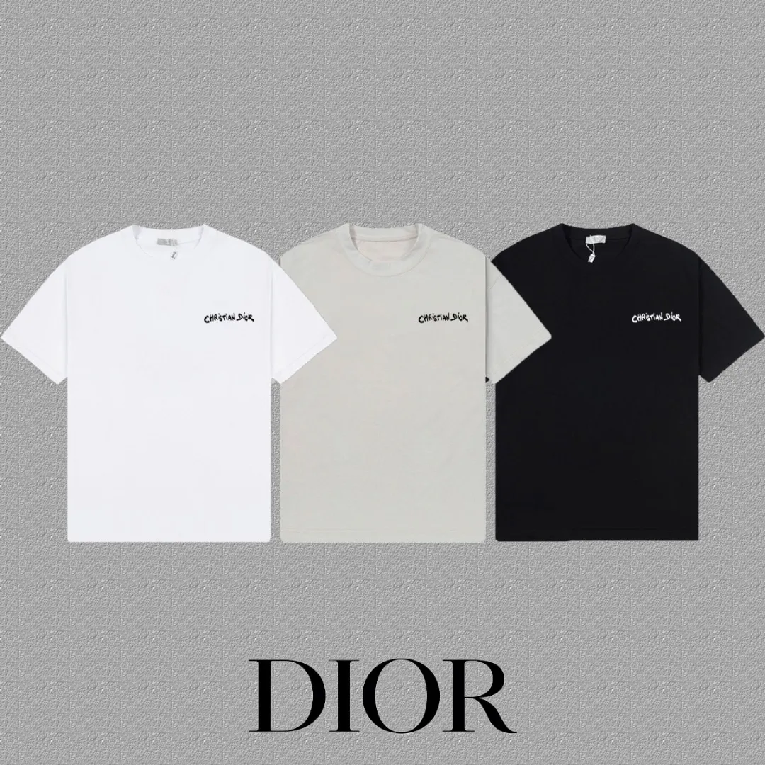 🅿️170 [DIOR Dior] 2025FW short-sleeved T-shirt embroidery, high-end 26s double yarn 300g fabric, heavy fabric, custom stretcher rib, same cylinder and dye, complete three standards, same style for men and women, color: black, white, gray, size: S M L XL 2XL