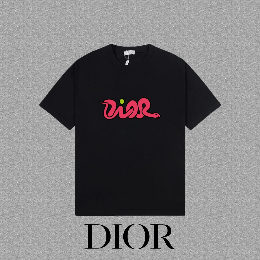 🅿️170 [DIOR Dior] 2025FW short-sleeved T-shirt LOGO printing High-end 26s double yarn 300g fabric Heavy fabric Customized frame ribbing in the same cylinder and dyeing Complete three standards Same style for men and women Color: Black White Size: S M L XL 2XL