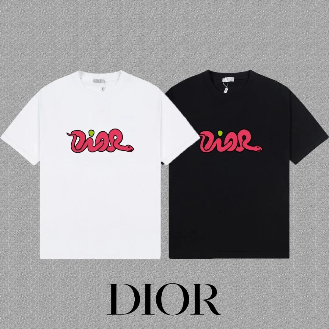 🅿️170 [DIOR Dior] 2025FW short-sleeved T-shirt LOGO printing High-end 26s double yarn 300g fabric Heavy fabric Customized frame ribbing in the same cylinder and dyeing Complete three standards Same style for men and women Color: Black White Size: S M L XL 2XL