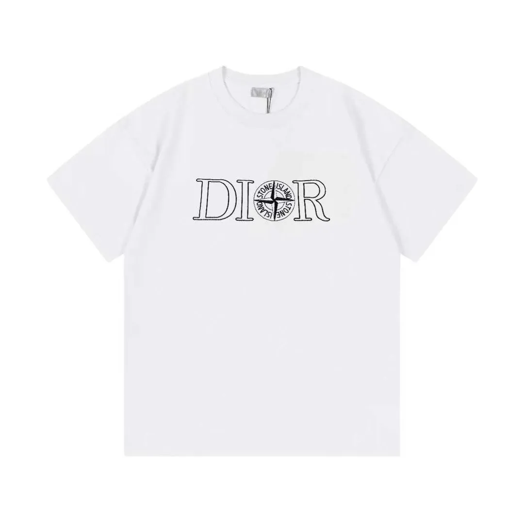 🅿️170 Dior Dior 2025 new model co-branded Stone Island limited series High-density embroidered letter logo Unisex short-sleeved T-shirt · Customized 280g 100% double yarn pure cotton fabric · Custom dyed 32 double-strand threads · Imported Tajima machine embroidery technology · Complete collar label and hangtag main mark and three labels Color: White Size: XS S M L